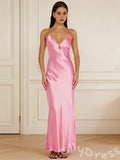 Barbie Pink Spaghetti Strap Deep V-Neck Satin Mermaid Prom Dress with Teardrop Cutout Bust Criss Cross Straps and Open Back