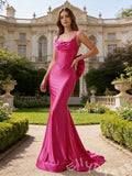 Hot Pink Wide Strap Square Neck Corset Mermaid Backless Big Bow Prom Dress with Train