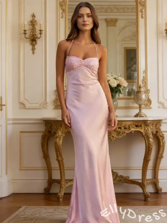 Elegant Pink Mermaid Spaghetti Straps Long Prom Dress