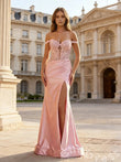 Blush Pink Off-Shoulder Sweetheart Sheer Lace Corset Satin Mermaid Prom Dress with Ruched Side High Slit and Lace-Up Back
