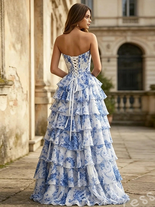 Blue Floral Print Strapless Sweetheart Sheer Boned Corset Bodice Eight-Tier Ruffle A-Line Prom Dress with Front High Slit and White Lace-Up Back