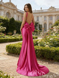 Hot Pink Wide Strap Square Neck Corset Mermaid Backless Big Bow Prom Dress with Train