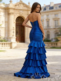 Royal Blue Strapless Sweetheart Ruched Mermaid Prom Dress with Tiered Ruffle Hem High Slit Lace-Up Back and Sweep Train