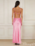Barbie Pink Spaghetti Strap Deep V-Neck Satin Mermaid Prom Dress with Teardrop Cutout Bust Criss Cross Straps and Open Back