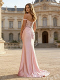 Blush Pink Off-Shoulder Sweetheart Sheer Lace Corset Satin Mermaid Prom Dress with Ruched Side High Slit and Lace-Up Back