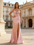 Blush Pink Off-Shoulder Sweetheart Sheer Lace Corset Satin Mermaid Prom Dress with Ruched Side High Slit and Lace-Up Back