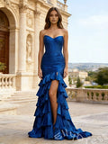 Royal Blue Strapless Sweetheart Ruched Mermaid Prom Dress with Tiered Ruffle Hem High Slit Lace-Up Back and Sweep Train
