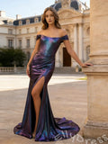 Iridescent Purple Blue Off-Shoulder Mermaid Prom Dress with Holographic Fabric Pleated Bodice High Slit Lace-Up Back and Sweep Train