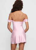 Off-the-Shoulder Bow Detail Satin Short Dress Light Pink Slip Cocktail Mini Gown