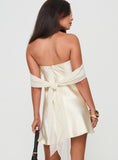 Cream Off Shoulder Satin Mini Dress Back Tie Bow Strapless Short Cocktail Party Dress