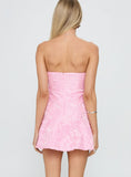 Pink Strapless Twist Front Floral Jacquard Ruffle Mini Dress Homecoming Party Dress
