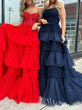 Red Strapless Sweetheart Sheer Lace Corset Bodice Tiered Tulle Prom Dress with Seven-Layer Ruffles and Lace-Up Back