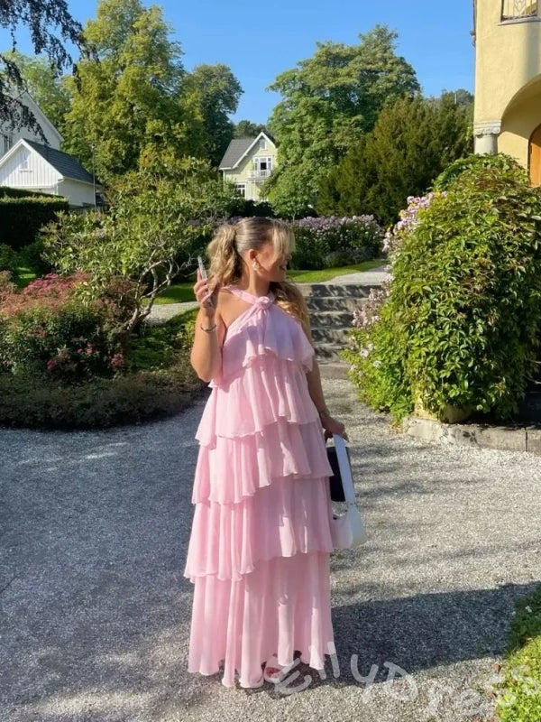 Blush Pink Halter Criss Cross Neck Chiffon Five-Tier Cake A-Line Prom Dress with Twist Neckline Open Low V Back and Pockets
