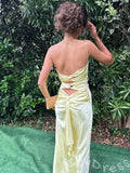 Lemon Yellow Spaghetti Strap Deep V-Neck Satin Mermaid Prom Dress with Twist Knot Bust Open Low Back and Criss Cross Back Straps