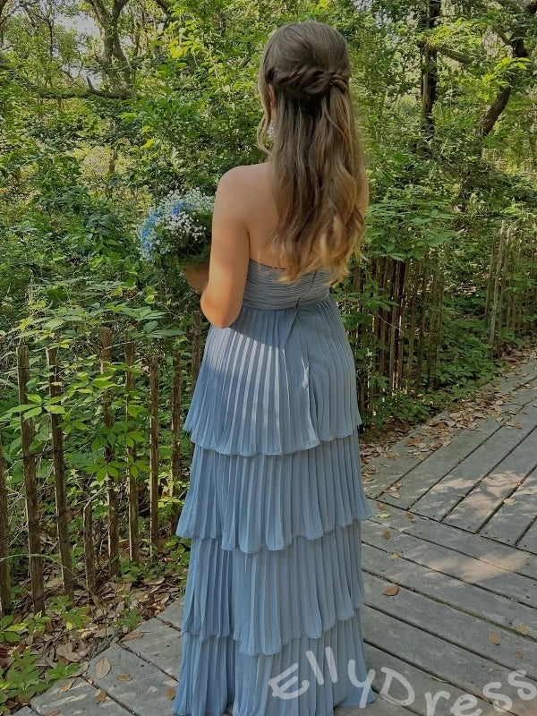 Sage Green Strapless Sweetheart Chiffon Tiered Cake Prom Dress with Ruched Twist Bust Four-Layer Pleated Ruffle Skirt and Open Back