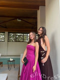 Fuchsia Strapless Straight Neck Satin Vertical Ruched Bodice Oversized A-Line Ball Gown Prom Dress with Drop Waist Front High Slit and Minimalist French Style