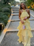 Blush Pink Halter Criss Cross Neck Chiffon Five-Tier Cake A-Line Prom Dress with Twist Neckline Open Low V Back and Pockets