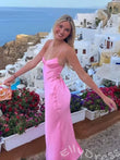 Simple Blush Pink Satin Spaghetti Straps Mermaid Prom Dress With Lace-up