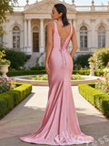 Pink Wide Strap V-Neck Satin Mermaid Prom Dress with Ruched Bust Open Back Lace-Up and Sweep Train