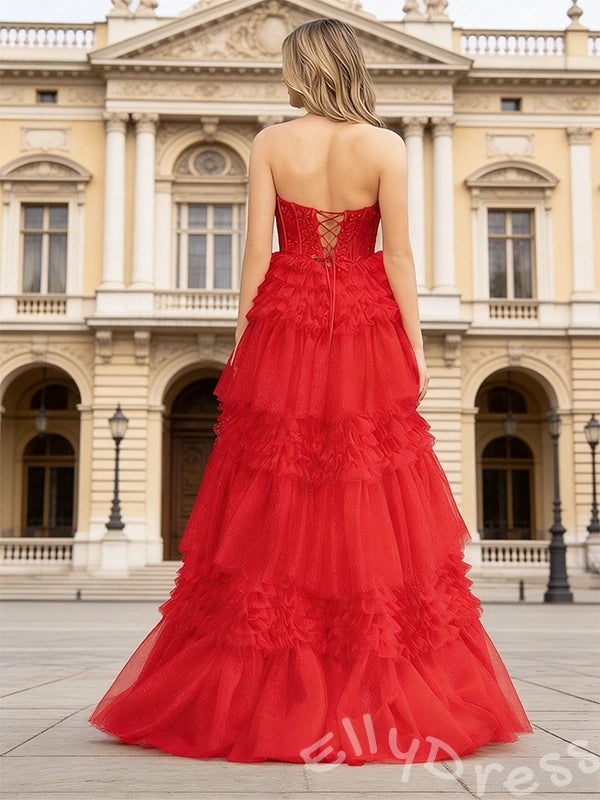 Red Strapless Sweetheart Sheer Lace Corset Bodice Tiered Tulle Prom Dress with Seven-Layer Ruffles and Lace-Up Back