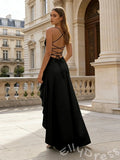 Black Spaghetti Strap Cowl Neck Satin Sheath Prom Dress with Asymmetric Ruffle High Slit Open Back and Criss Cross Lace-Up