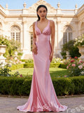 Pink Wide Strap V-Neck Satin Mermaid Prom Dress with Ruched Bust Open Back Lace-Up and Sweep Train