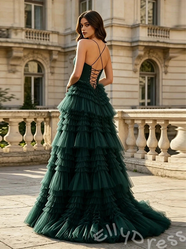Emerald Green Spaghetti Strap Sweetheart Satin Corset Bodice Ten-Tier Tulle Cake A-Line Prom Dress with Front High Slit Criss Cross Back Straps Lace-Up and Sweep Train