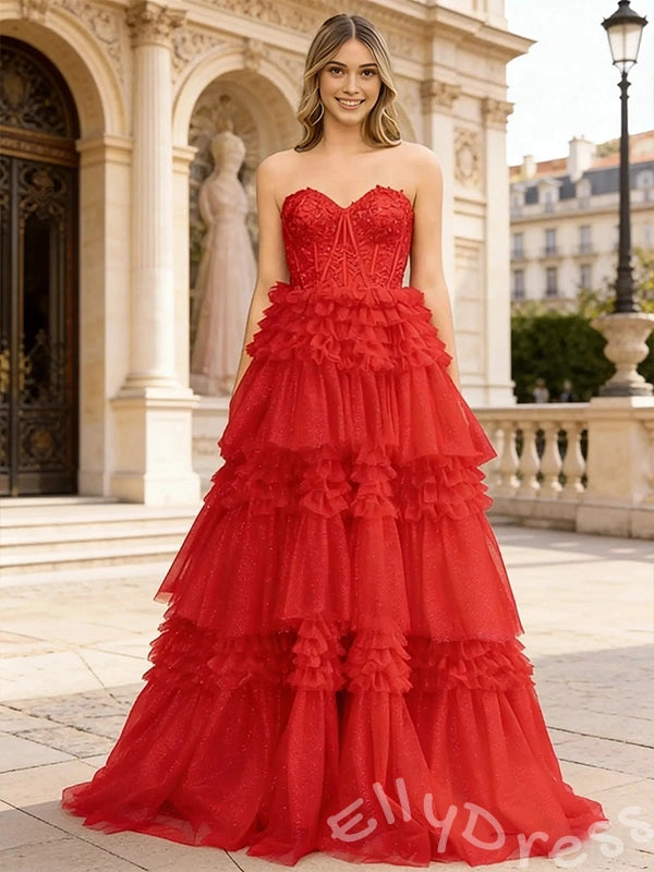 Red Strapless Sweetheart Sheer Lace Corset Bodice Tiered Tulle Prom Dress with Seven-Layer Ruffles and Lace-Up Back