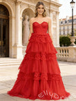 Red Strapless Sweetheart Sheer Lace Corset Bodice Tiered Tulle Prom Dress with Seven-Layer Ruffles and Lace-Up Back