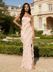 Blush Pink Strapless Mermaid Prom Dress with Diagonal Layered Ruffles High Slit Open Back