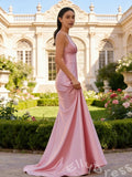 Pink Wide Strap V-Neck Satin Mermaid Prom Dress with Ruched Bust Open Back Lace-Up and Sweep Train