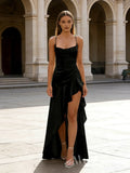Black Spaghetti Strap Cowl Neck Satin Sheath Prom Dress with Asymmetric Ruffle High Slit Open Back and Criss Cross Lace-Up