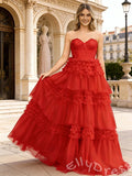 Red Strapless Sweetheart Sheer Lace Corset Bodice Tiered Tulle Prom Dress with Seven-Layer Ruffles and Lace-Up Back