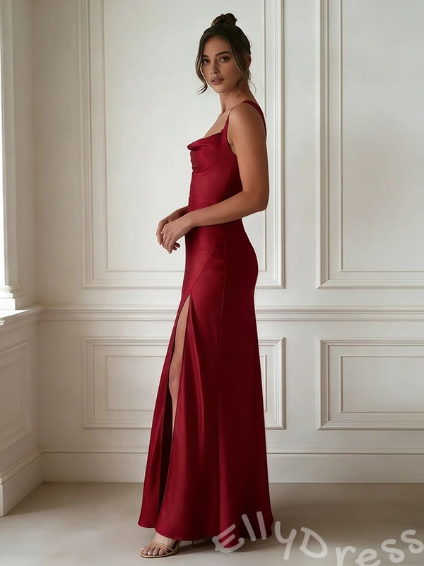 Burgundy Wide Strap Cowl Neck Satin Sheath Prom Dress with Side High Slit Open Back and Criss Cross Lace-Up