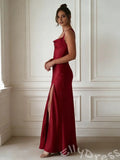 Burgundy Wide Strap Cowl Neck Satin Sheath Prom Dress with Side High Slit Open Back and Criss Cross Lace-Up