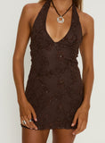 Deep V Halter Neck Floral Lace Bodycon Short Dress Brown Backless Cocktail Mini Gown
