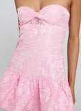 Pink Strapless Twist Front Floral Jacquard Ruffle Mini Dress Homecoming Party Dress