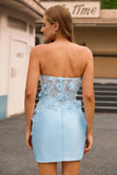 Light Blue 3D Floral Strapless Bodycon Homecoming Satin Mini Dress