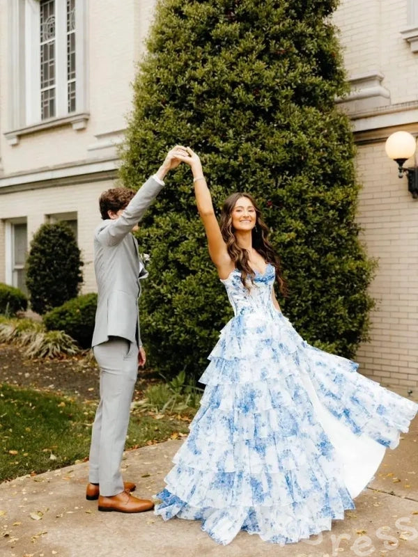 Blue Floral Print Strapless Sweetheart Sheer Boned Corset Bodice Eight-Tier Ruffle A-Line Prom Dress with Front High Slit and White Lace-Up Back