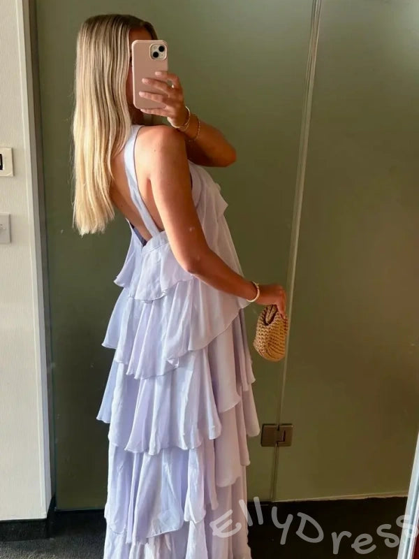 Blush Pink Halter Criss Cross Neck Chiffon Five-Tier Cake A-Line Prom Dress with Twist Neckline Open Low V Back and Pockets