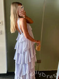 Blush Pink Halter Criss Cross Neck Chiffon Five-Tier Cake A-Line Prom Dress with Twist Neckline Open Low V Back and Pockets