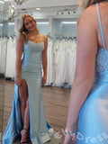 Ice Blue Spaghetti Strap Square Neck Satin Mermaid Prom Dress with Pearl Beaded Floral Embroidery Diagonal Ruched Waist High Slit Open Back and Sweep Train