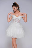 White Lace Corset Off Shoulder Tiered Tulle Homecoming Mini Dress