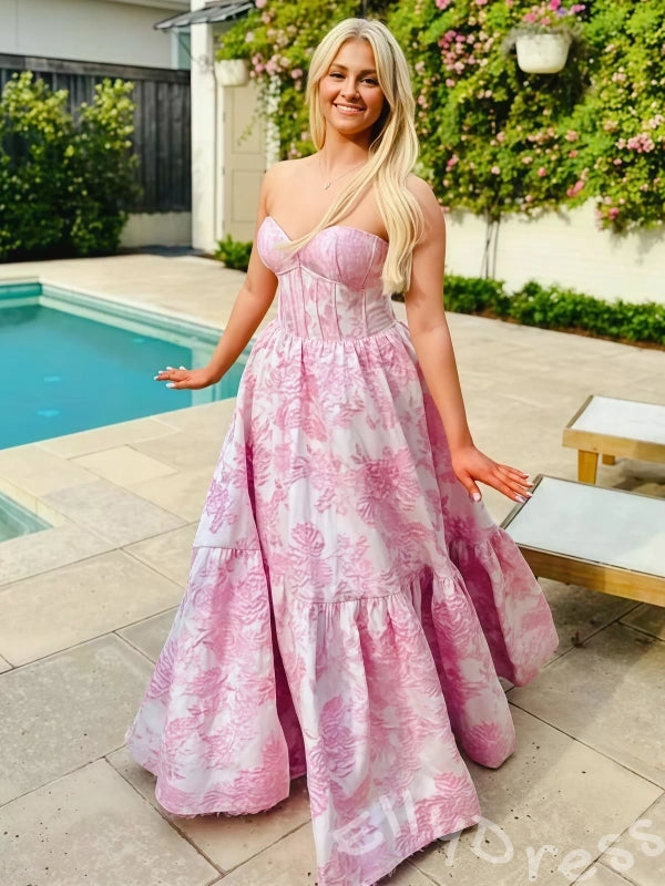 Pink Floral Print Spaghetti Strap Sweetheart Sheer Corset Bodice A-Line Prom Dress with Rose Jacquard Tiered Ruffle Skirt and Lace-Up Back