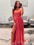 Rose Gold Spaghetti Strap Sweetheart Metallic Shimmer A-Line Prom Dress with Twist Bow Cutout Bust Radial Ruched Waist High Slit and Open Back