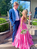 Pink Strapless Sweetheart Corset Bodice A-Line Prom Dress with Double Bow Waist Tiered Ruffle Skirt and Lace-Up Back