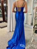 Gorgeous Blue Mermaid Spaghetti Straps Lace-up Long Prom Dress With Slit