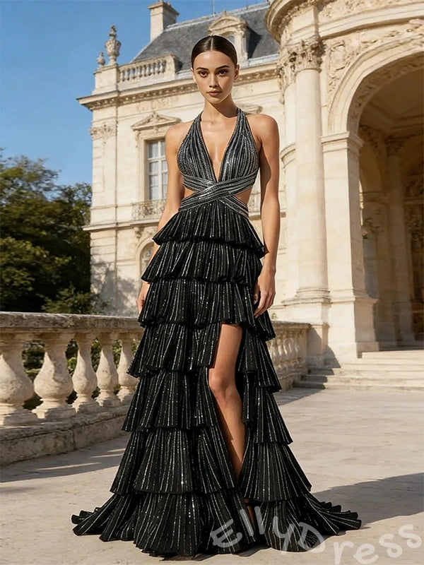 Black Glitter Halter Deep V-Neck Tiered Cake Skirt Prom Dress with Crossover Cutout Waist High Slit and Open Back