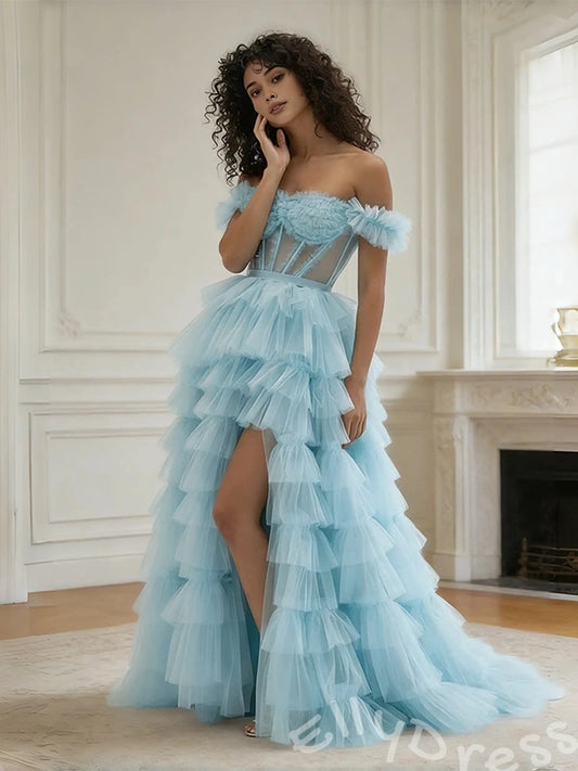 Ice Blue Off-Shoulder Feather Sheer Corset Tiered Tulle Prom Dress with Eight-Layer Ruffles High Slit and Lace-Up Back