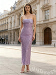Lilac Strapless Straight Neck Full Sequin Embroidered Sheath Prom Dress with Satin Ruched Bust Corset Lace-Up Back and Back Slit Tea Length